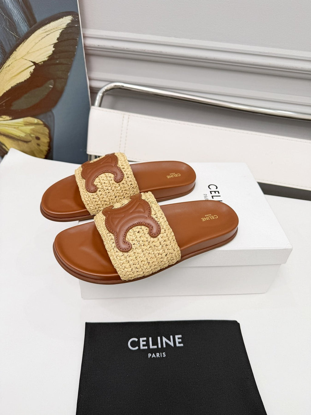 Celine Woven Emblem Slide Sandals